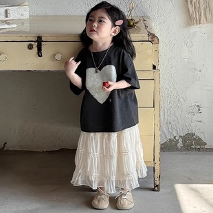 女童时尚 新款 百搭纯棉上衣 t恤夏装 中小儿童韩系洋气爱心印花短袖