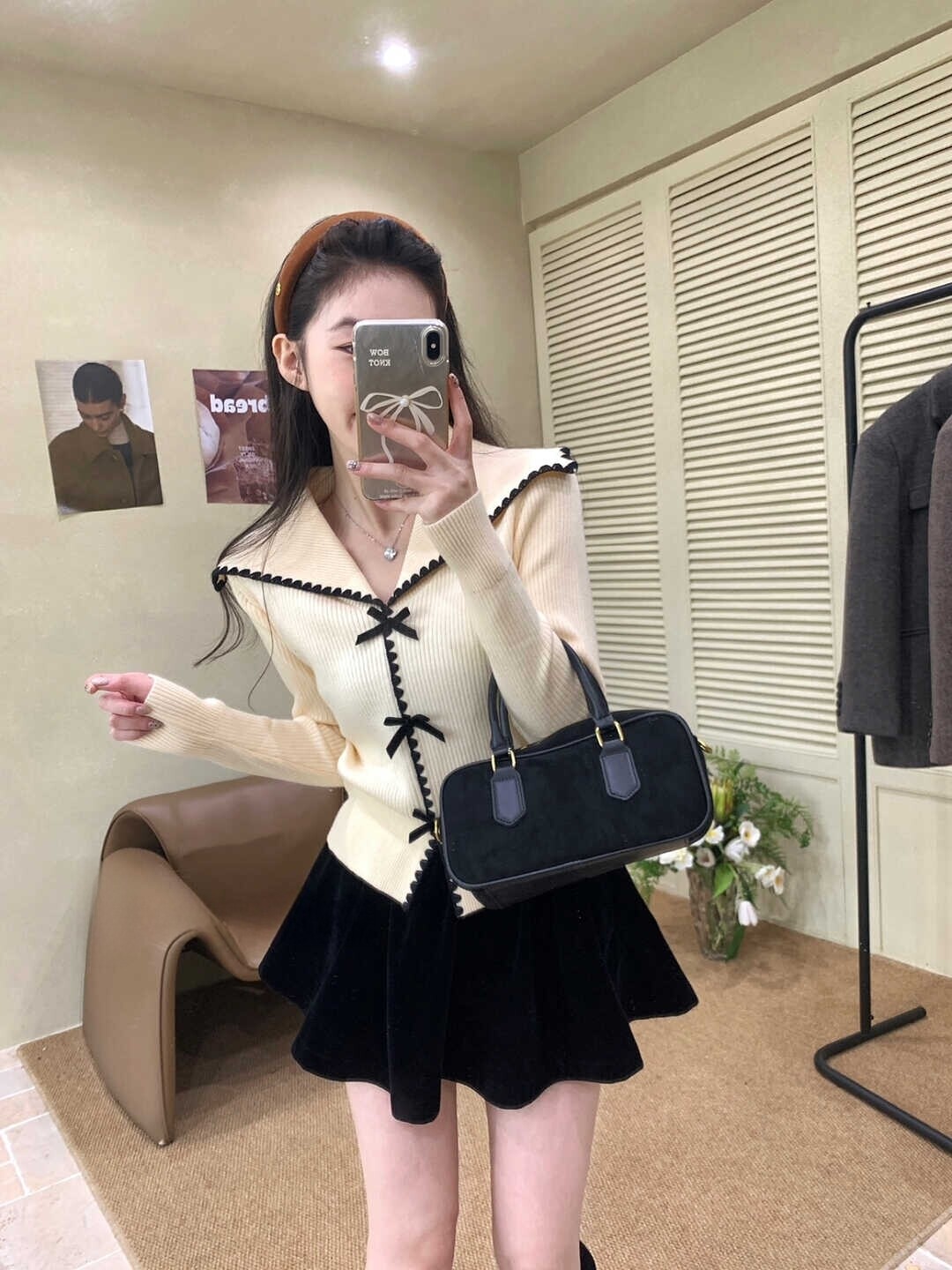 秋冬甜美气质丝绒蝴蝶结毛衣女宽松慵懒风保暖毛衣软糯修身打底衫