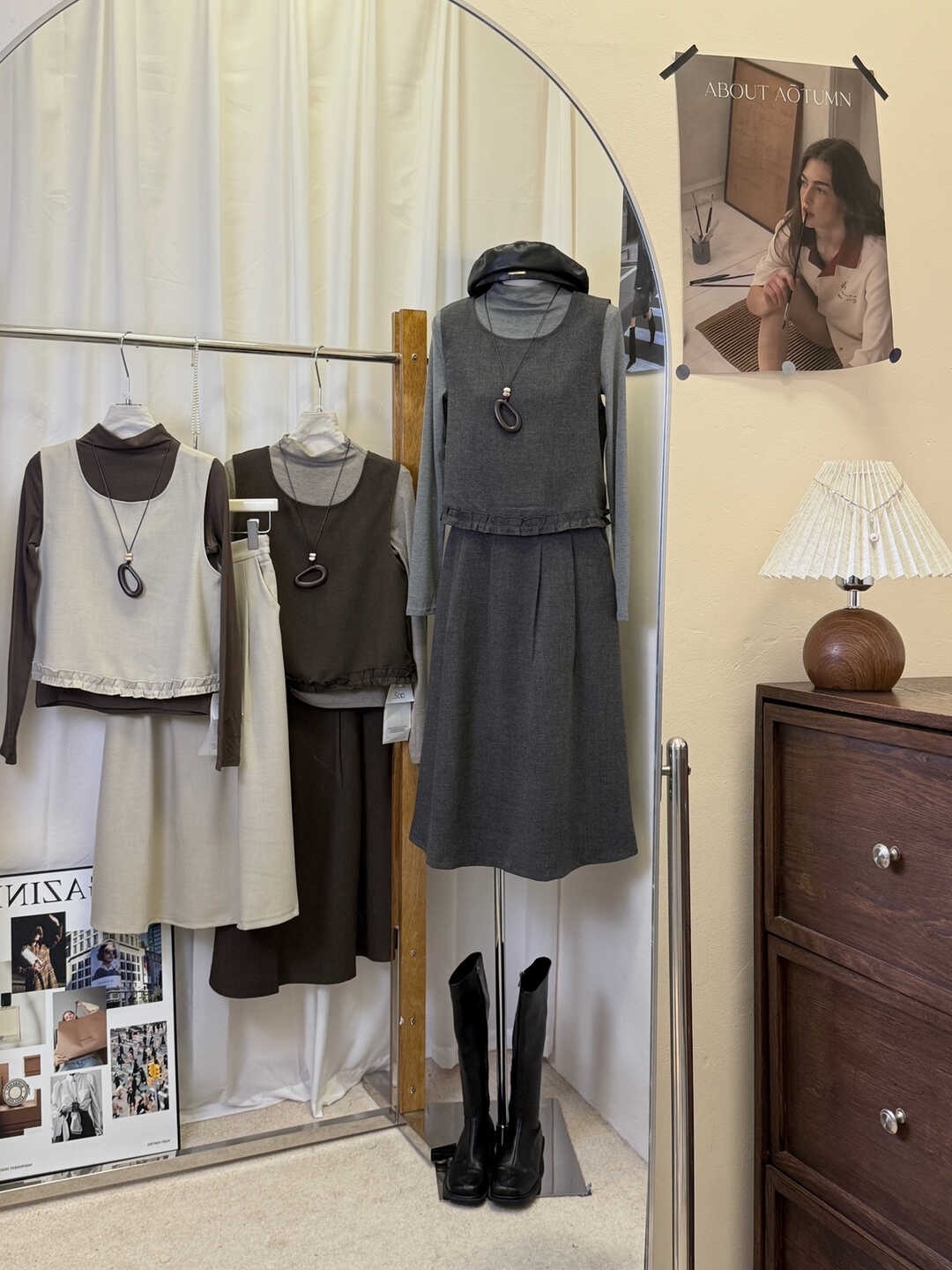 韩系时尚高级感简约百搭毛呢木耳边显瘦长袖T恤+连衣裙套装女秋冬