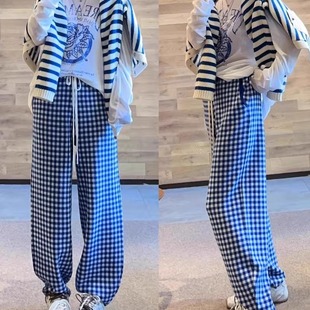 女 束脚休闲裤 现货新品 24秋冬系带松紧腰直筒休闲蓝色格子羊毛长裤