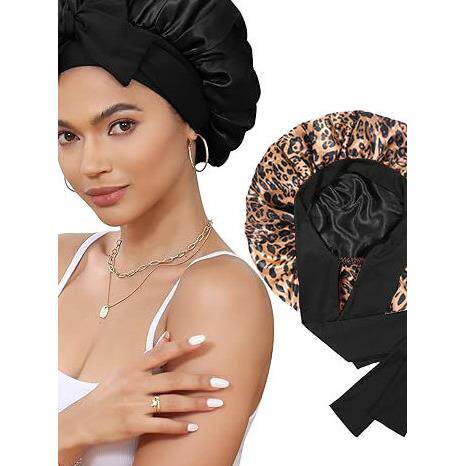 Double Layer Satin Bonnet Bow Tie Reversible Hair Cap头巾帽
