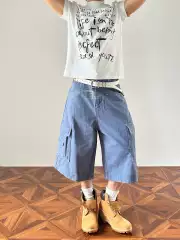 Mkclot Washed Screen-Printed Cargo Work Blue Workwear Shorts Casual Loose-Fitting Three-Quarter Pants Unisex