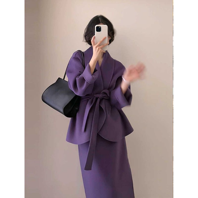 富家千金冬装套装时尚套装复古名媛小香风紫色御姐风高级感毛呢裙