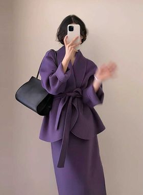 富家千金冬装套装时尚套装复古名媛小香风紫色御姐风高级感毛呢裙