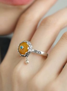 稀奇古怪的戒指可转动祈福轮戒指女复古做旧莲花平安扣气质中国民