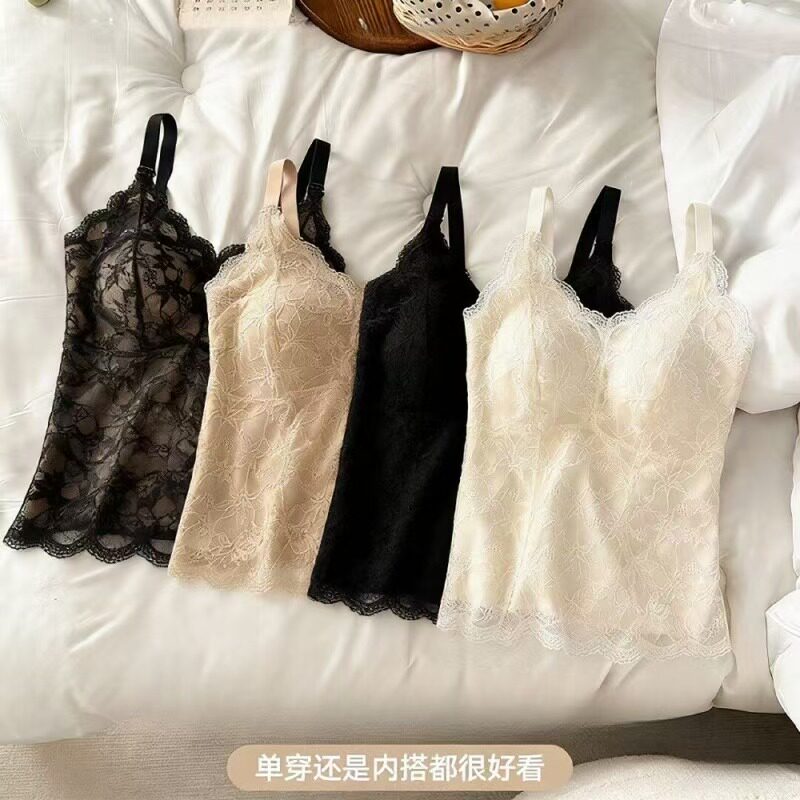 黛伊婕法式蕾丝内搭一体式固定杯聚拢微压塑型美背吊带打底背心