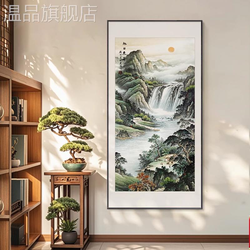 旭日东升玄关挂画新中式入户正对门竖版山水画靠山图镇宅风水画
