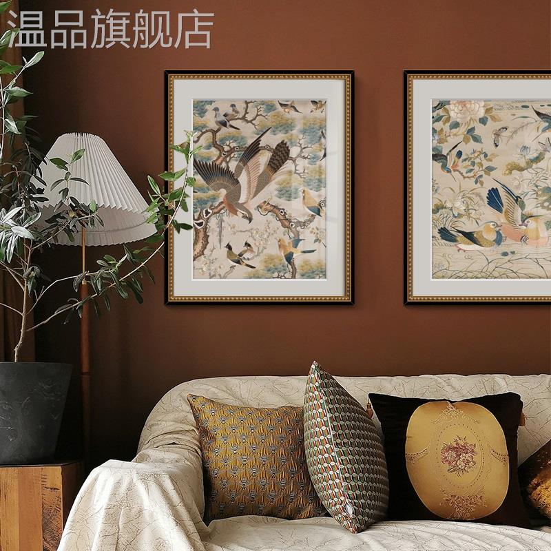 网红法式中古装饰画中式卧室日式餐厅两联画中国风花鸟祥和图壁画图片