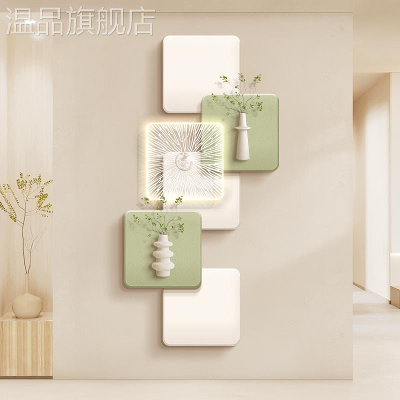 奶油风走廊尽头装饰画北欧绿植入户玄关画高级感过道背景墙壁灯画图片