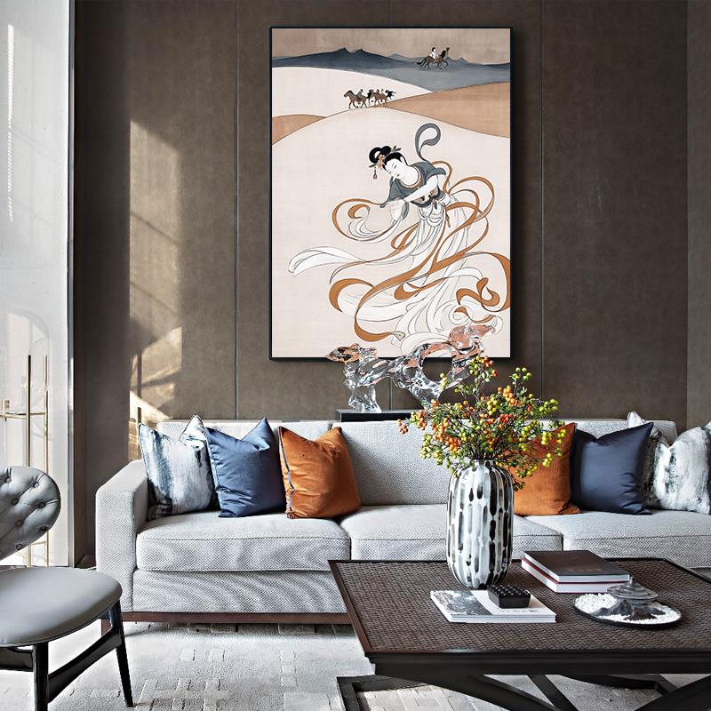 竖版新中式客厅玄关古典人物装饰画高级感大气覆古茶室书房壁挂画