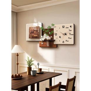 中古风餐厅装饰画钟表挂钟客厅沙发背景墙挂画水培绿植壁画餐桌画