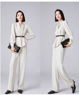 阔腿裤 气质通勤白色v领上衣 两件套深圳南油高端配腰带 套装 时尚