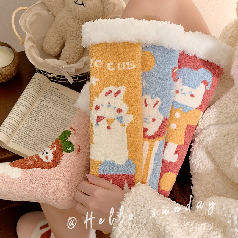 睡觉穿的袜超厚羊羔绒防滑月子袜