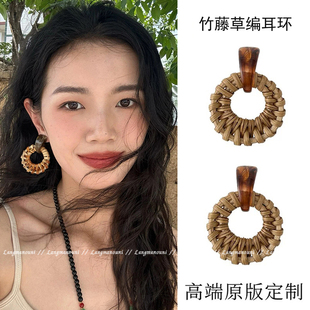 复古度假风耳钉高级感轻奢爆款 民族风藤编耳环女2025新款 小众耳饰