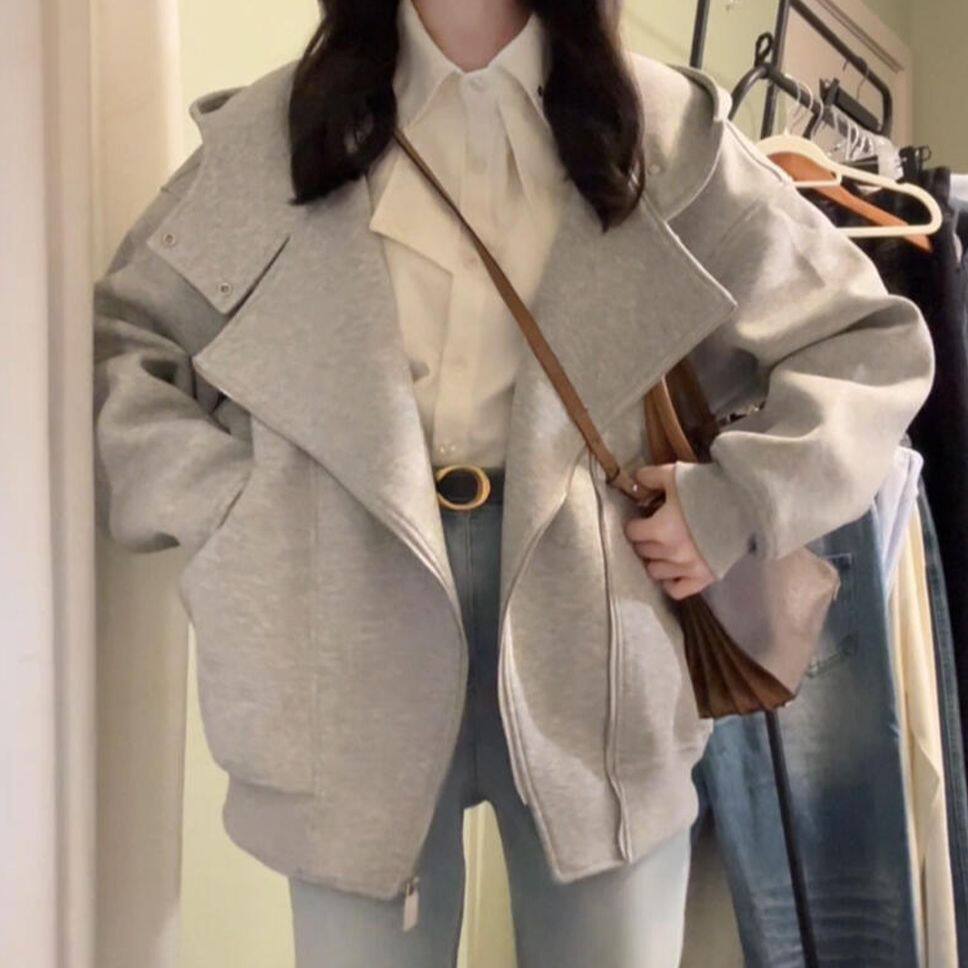 灰色连帽卫衣外套女早秋季韩系慵懒chic松弛感穿搭拉链开衫上衣薄