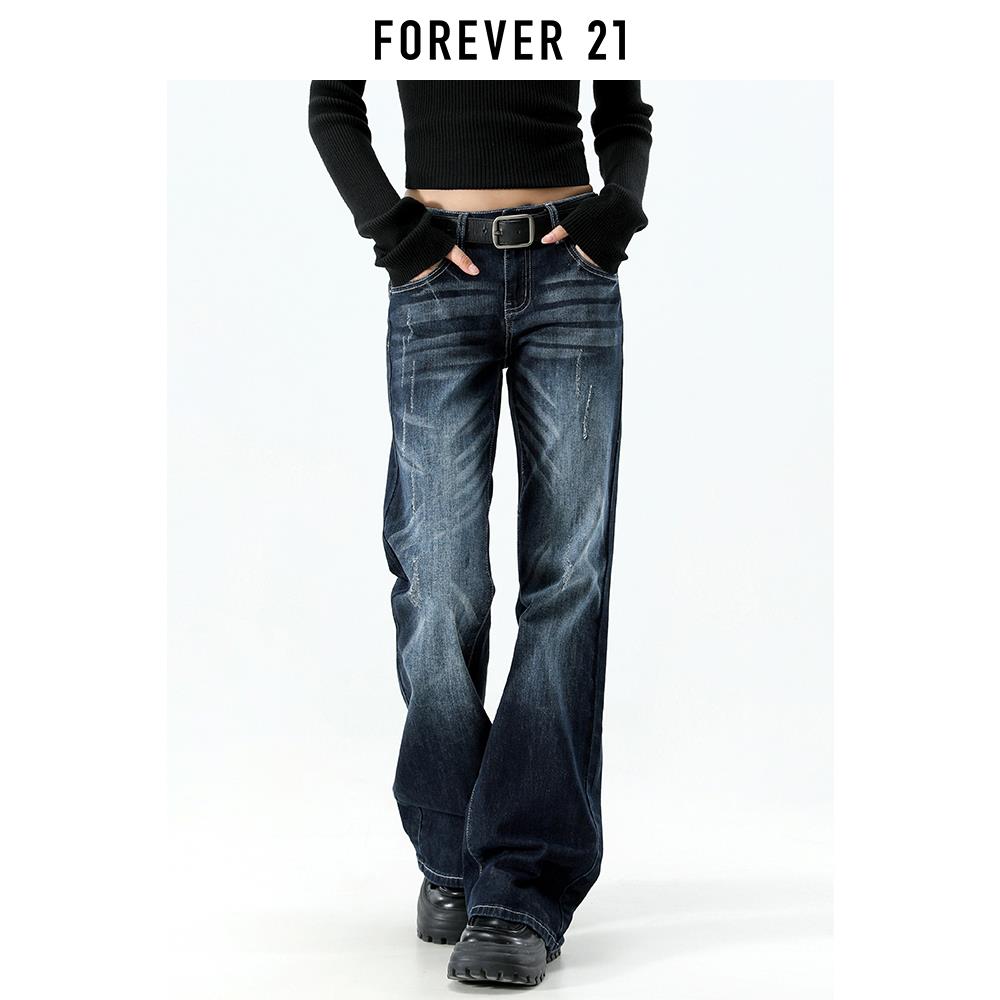 Forever 21美式覆古蓝灰直筒微喇牛仔裤女新款低腰修身显瘦马蹄裤