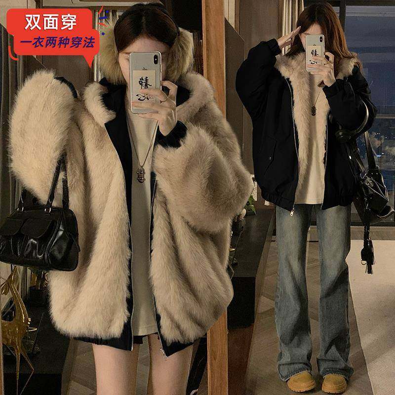 正反两面穿皮毛一体外套女冬美式复古毛绒绒连帽环保皮草加厚棉服