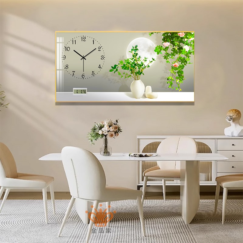 新款餐厅装饰画小清新绿植客饭厅挂画带钟表万年历餐桌背景墙壁画