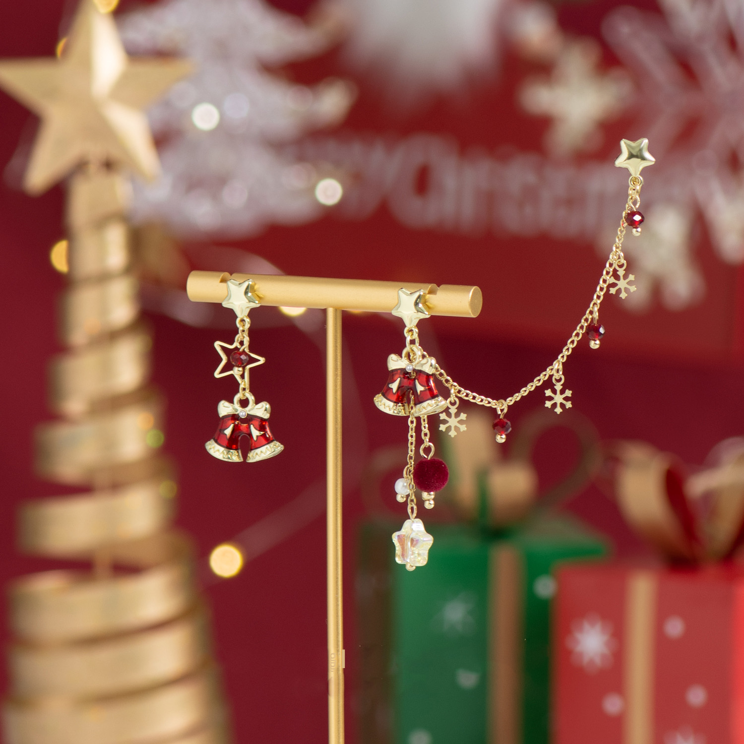 原创铃儿响叮当甜美红色铃铛耳钉耳骨夹圣诞节设计感耳环耳夹耳饰