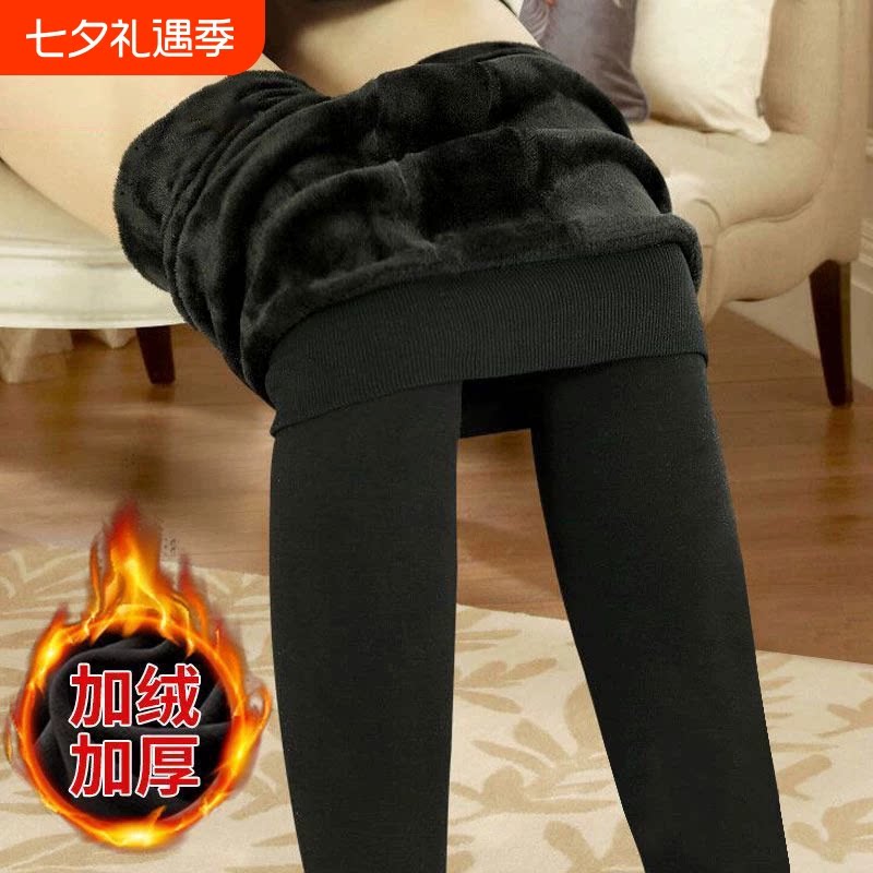 加绒加厚打底裤女秋冬连裤袜棉裤弹力秋裤踩脚保暖裤子黑色薄绒