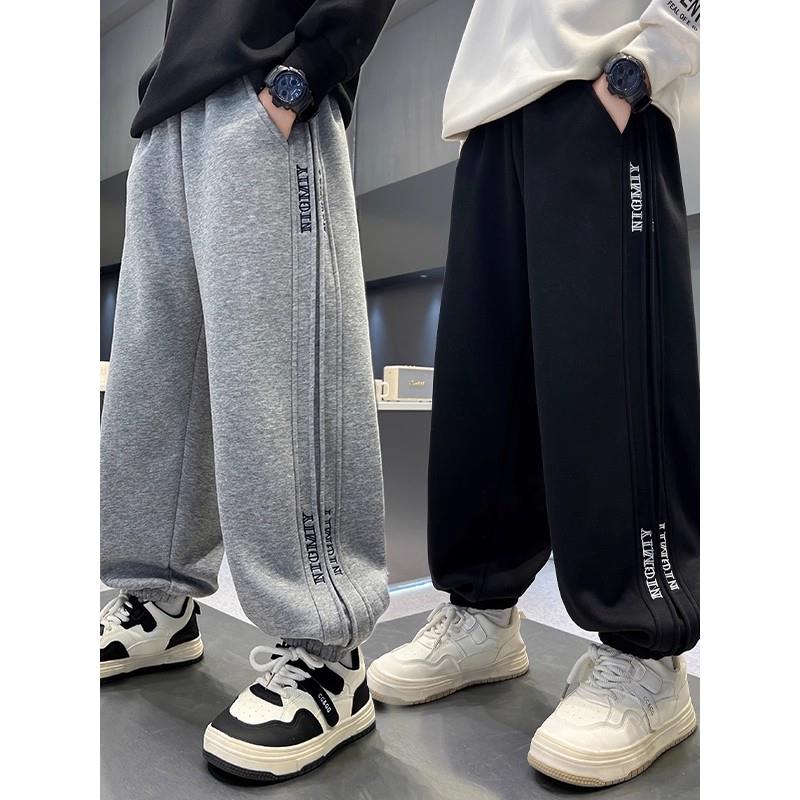 春秋季男童裤子纯棉休闲卫裤束脚裤男孩灰黑色运动裤中大儿童长裤