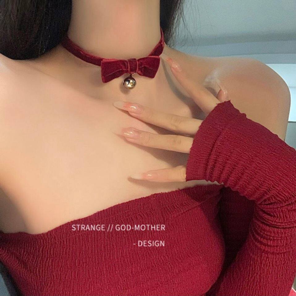 抖音同款圣诞铃节铛项圈女丝绒蝴蝶结choker项链颈环颈带红色颈链