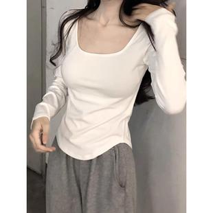 白色方领打底衫女春秋内搭t恤大码胖mm显瘦纯欲风短款不规则上衣