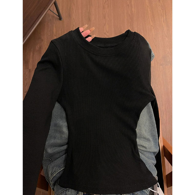 黑色打底衫春秋长袖t恤显瘦正肩修身内搭圆领上衣女紧身秋季穿搭