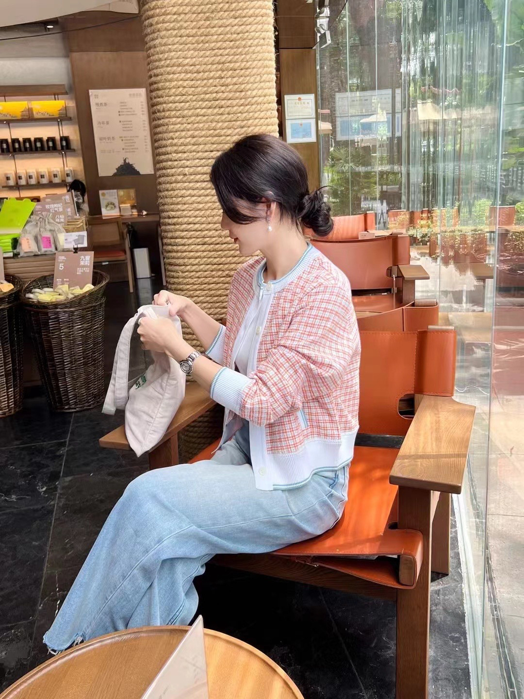 MJY高端女装春秋通勤显瘦针织圆领千鸟格长袖小香外套开衫