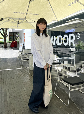 MJY高端女装新款法式风格浅蓝色条纹长袖衬衣女