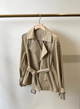 重磅shou发篙级气质经典时尚都市双排扣腰带束袖翻领短风衣外套