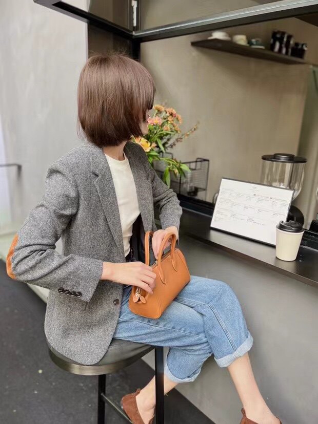 MJY高端女装 秋冬新款羊毛人字纹拼接真皮正肩西服女百搭休闲