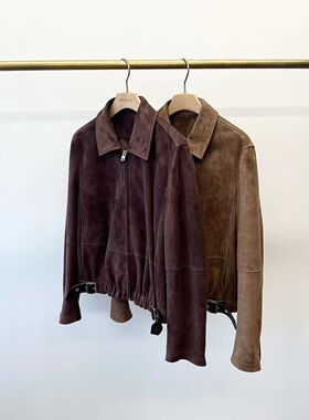 MJY高端女装秋冬新款进口绒面羊皮皮衣翻领短款休闲外套女款夹克