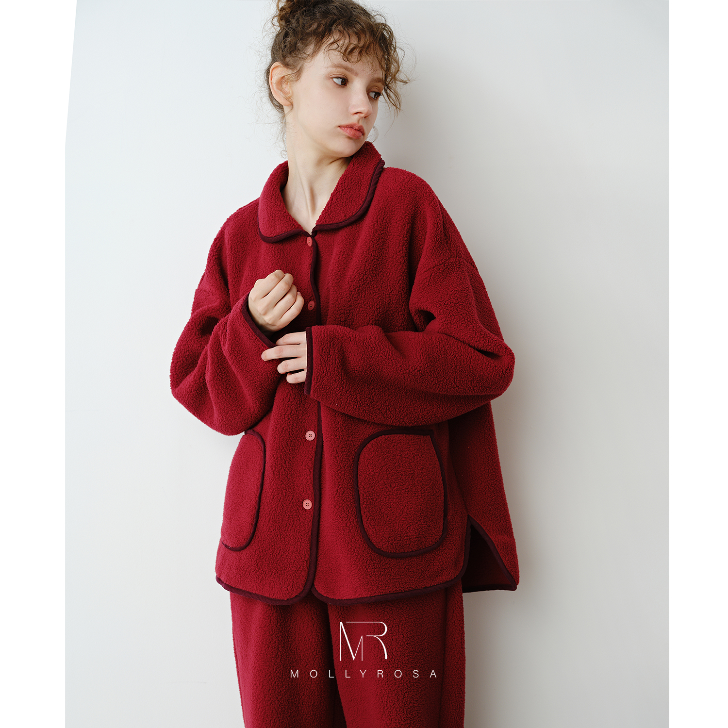 樱桃红摇粒绒新年红加厚家居服