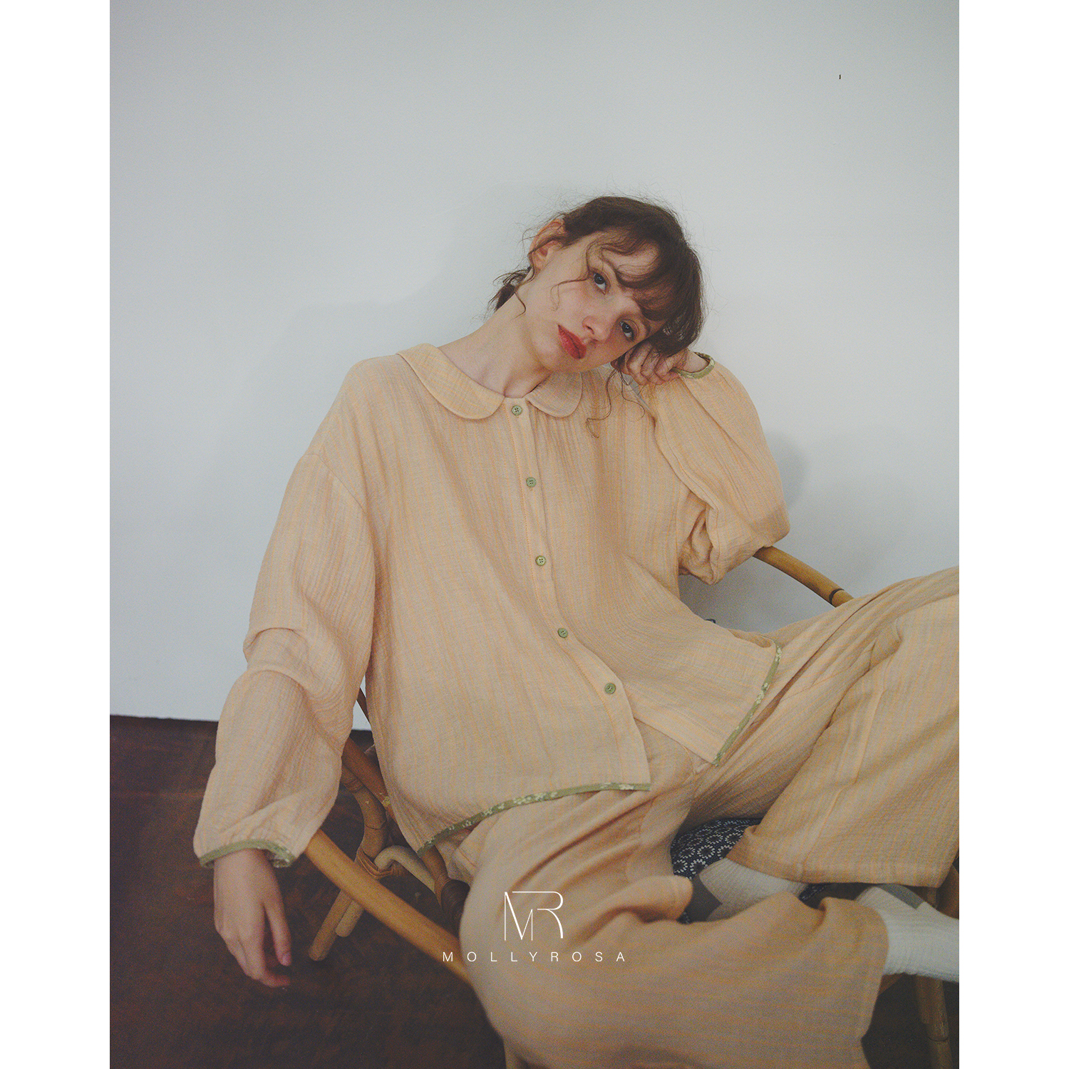 MollyRosa彩虹橙|纯棉皱皱纱甜美条纹睡衣长袖长裤家居服套装秋季