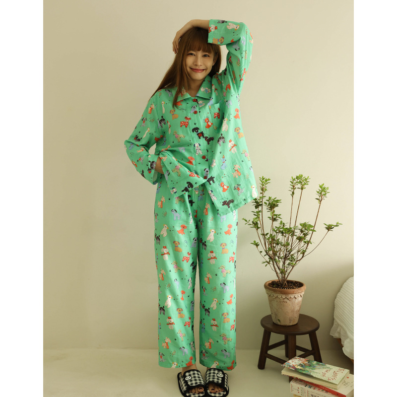 MollyRosa果绿小狗Party纯棉双层纱睡衣女卡通短袖长裤套装2025春