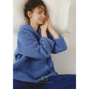 睡衣可外穿女士款 海蓝特调·连帽秋冬加厚保暖毛绒家居服套装 新款