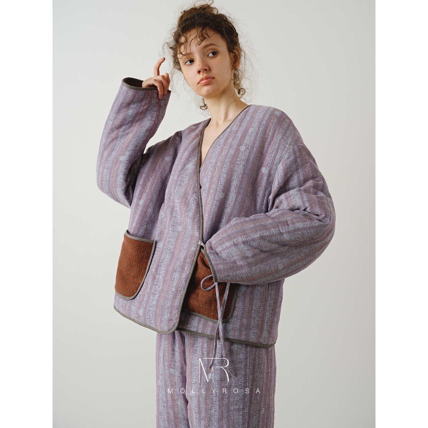 黛紫条纹丨加厚秋冬保暖睡衣系带长袖棉衣裤套装家居服可外穿新25