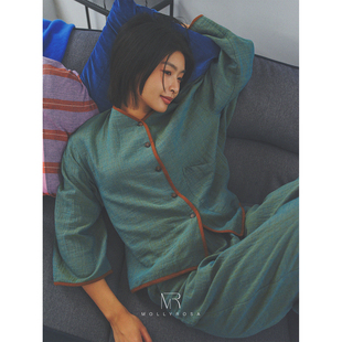 MOLLYROSA青芜·国风渐变染青绿提花纯棉双层纱睡衣套装家居服新
