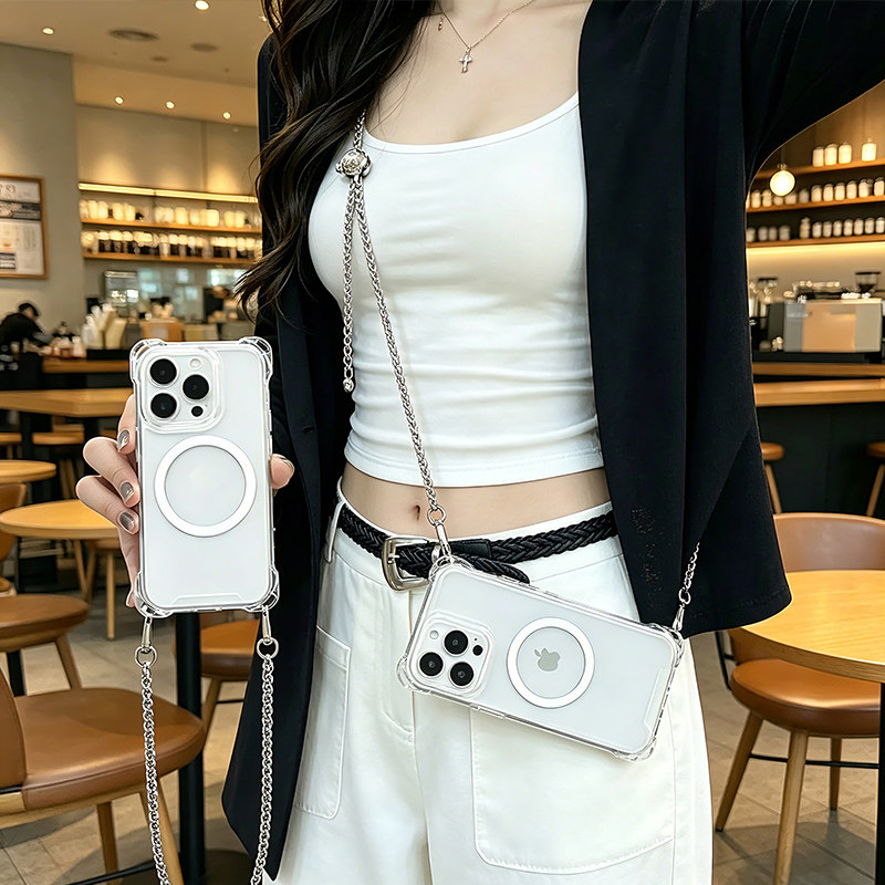 适用苹果18promax新款手机壳磁吸斜挎iphone17Pro保护套14全包防摔12四角带挂绳16promax可背脖子13外15透明
