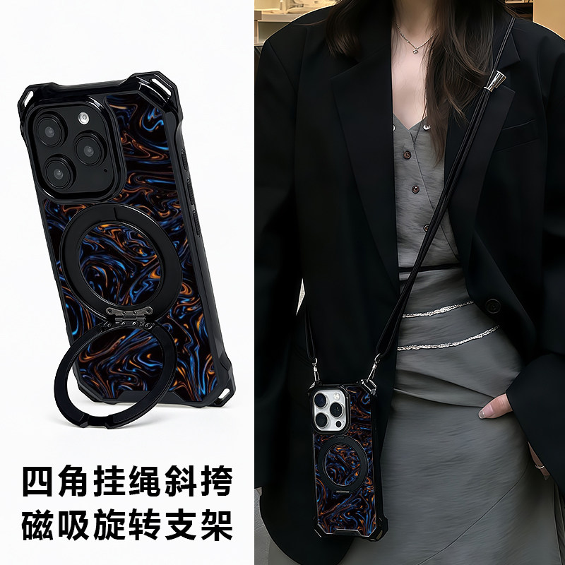 适用苹果14pro手机壳新款磁吸iPhone18promax斜挎带挂绳17全包保护套16Plus支架防摔15可背脖子13高级感12外