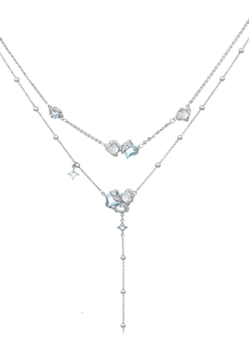 蓝色双层流苏项链夏日海岸时尚百搭高级感叠层精致颈链巨显锁骨