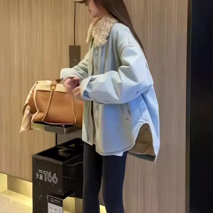 羊羔毛加绒加厚牛仔衬衫外套女
