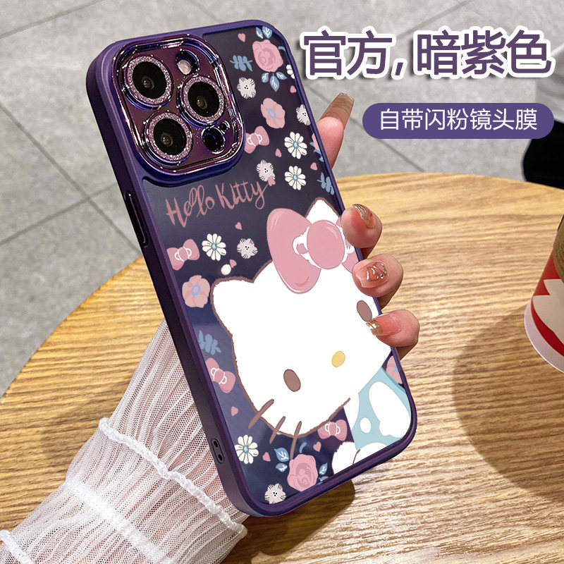 适用于苹果17promax手机壳iphone15新款花朵KT猫16自带13镜头膜16plus透明12卡通全包15女款14Pro闪粉防摔壳