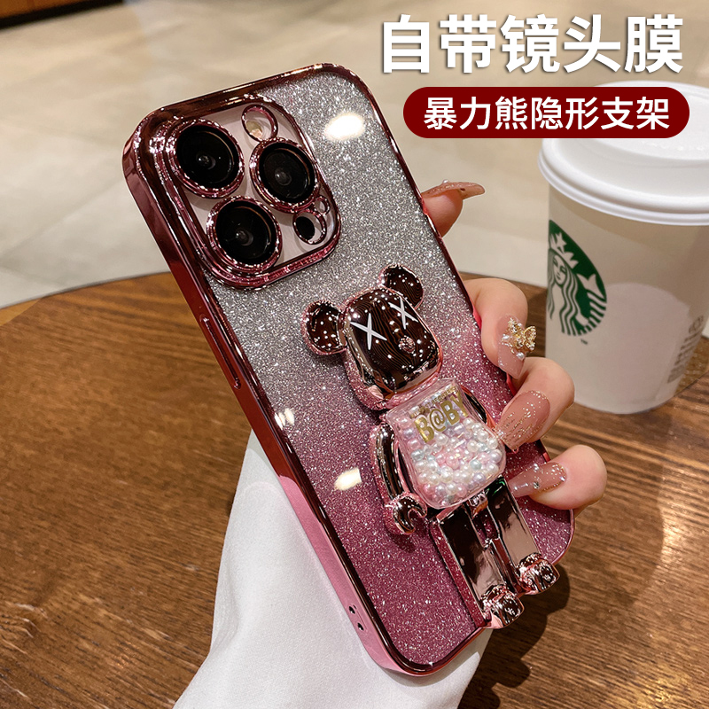 适用苹果17proamx手机壳16男女生15pro电镀暴力熊支架XS渐变14新款潮牌13透明奢华12闪粉XR高级感糖果8保护套