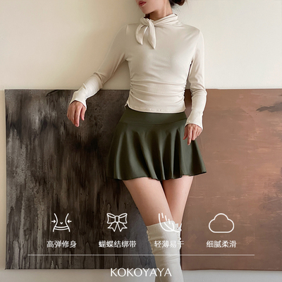 kokoyaya 蝴蝶结瑜伽上衣普拉提长袖女士褶皱收腰显瘦运动健身衣