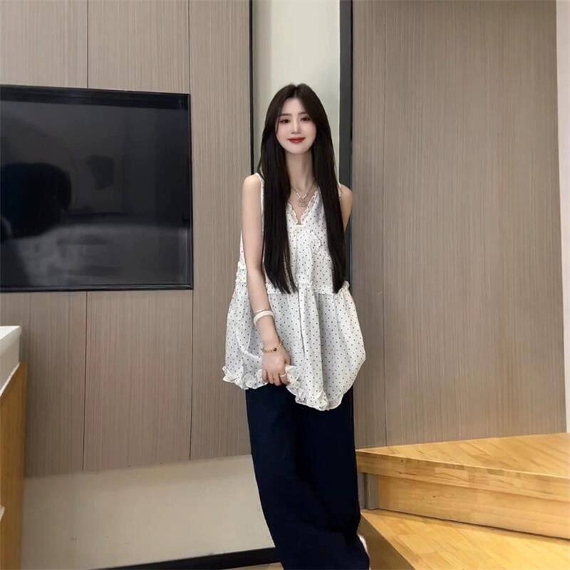 法式波点白色V领吊带洋装女夏季小个子洋装气质无袖背心短裙