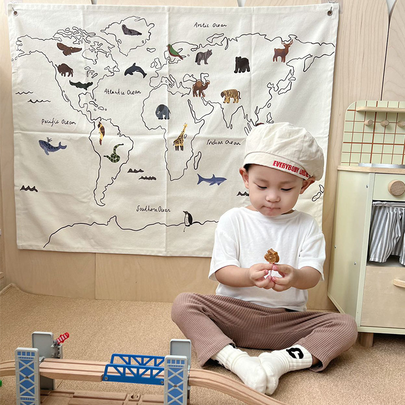 北欧风床头装饰挂布 卡通动物背景布卧室墙面挂布 少儿房拍摄道具