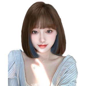 假发女短发全头套仿真人发一体减龄自然挑染蓝色整顶假发全头套女