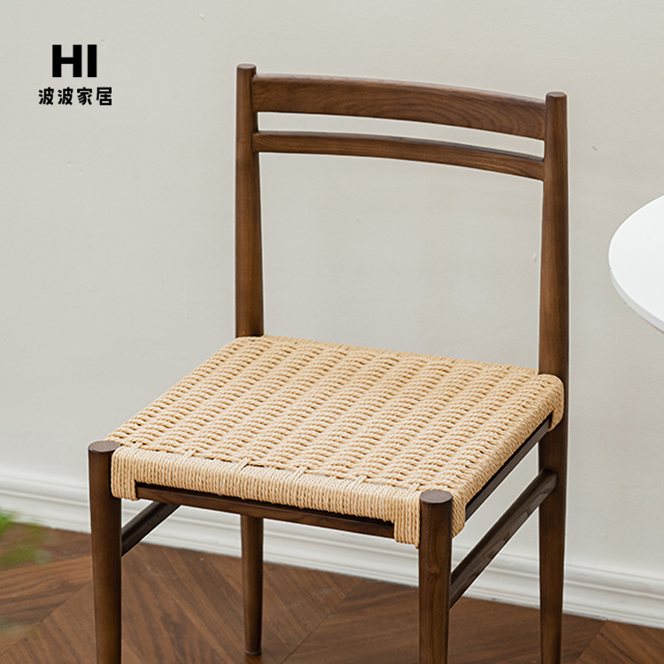家用实木藤编餐椅休闲椅现代侘寂风复古设计背靠编绳轻奢书桌椅子